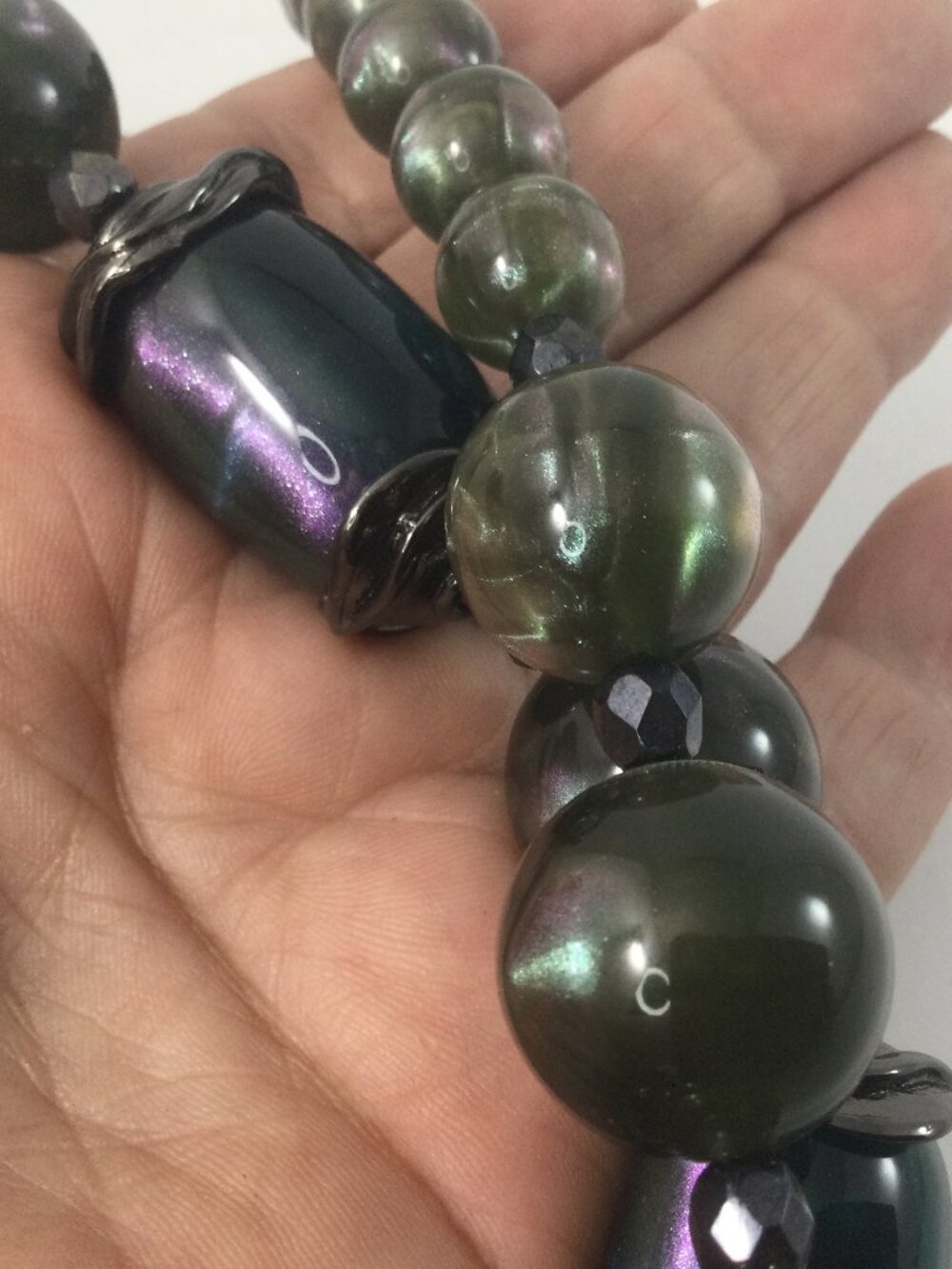 Pono Necklace Iridescent Purple & Bronze Gold Dust Acrylic Beads 26" Italy READ